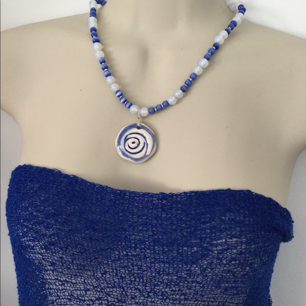 Blue Rose Necklace Elegant Porcelain Rose Necklace
